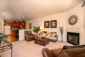 Splendid model living room with carpet floors and cozy fireplace in Heritage Greene apartment